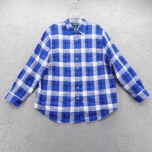 Ralph Lauren Linen Button Down Top 1X Blue‎ White Plaid Womens Long Sleeve